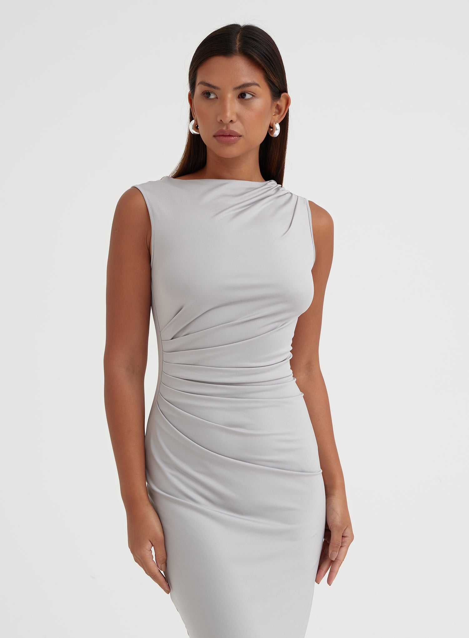 Grey Ruched Jersey Midaxi Dress